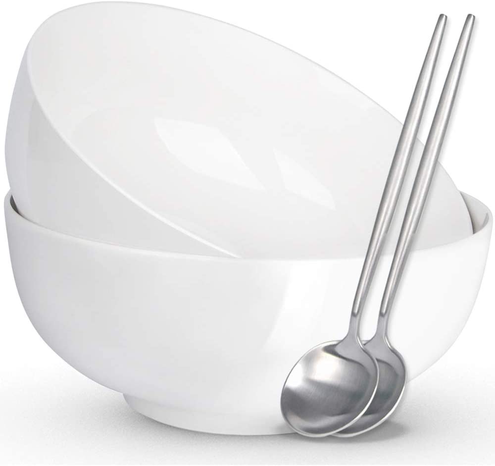 Lareina Large Soup Salad Pho Bowls for Kitchen, Premium 8 inch 60 oz Ceramic Bowls Set for Ramen,Noodle, Cereal, Microwavable, White, 3pcs, Great Gift