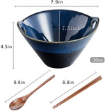 Japanese Ramen Bowls with Chopsticks and Spoons Set of 2 - Lareina Porcelain Noodle Bowl, 30 Ounce Deep Soup Bowl, Dishwasher & Microwave Safe, Blue