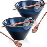Japanese Ramen Bowls with Chopsticks and Spoons Set of 2 - Lareina Porcelain Noodle Bowl, 30 Ounce Deep Soup Bowl, Dishwasher & Microwave Safe, Blue