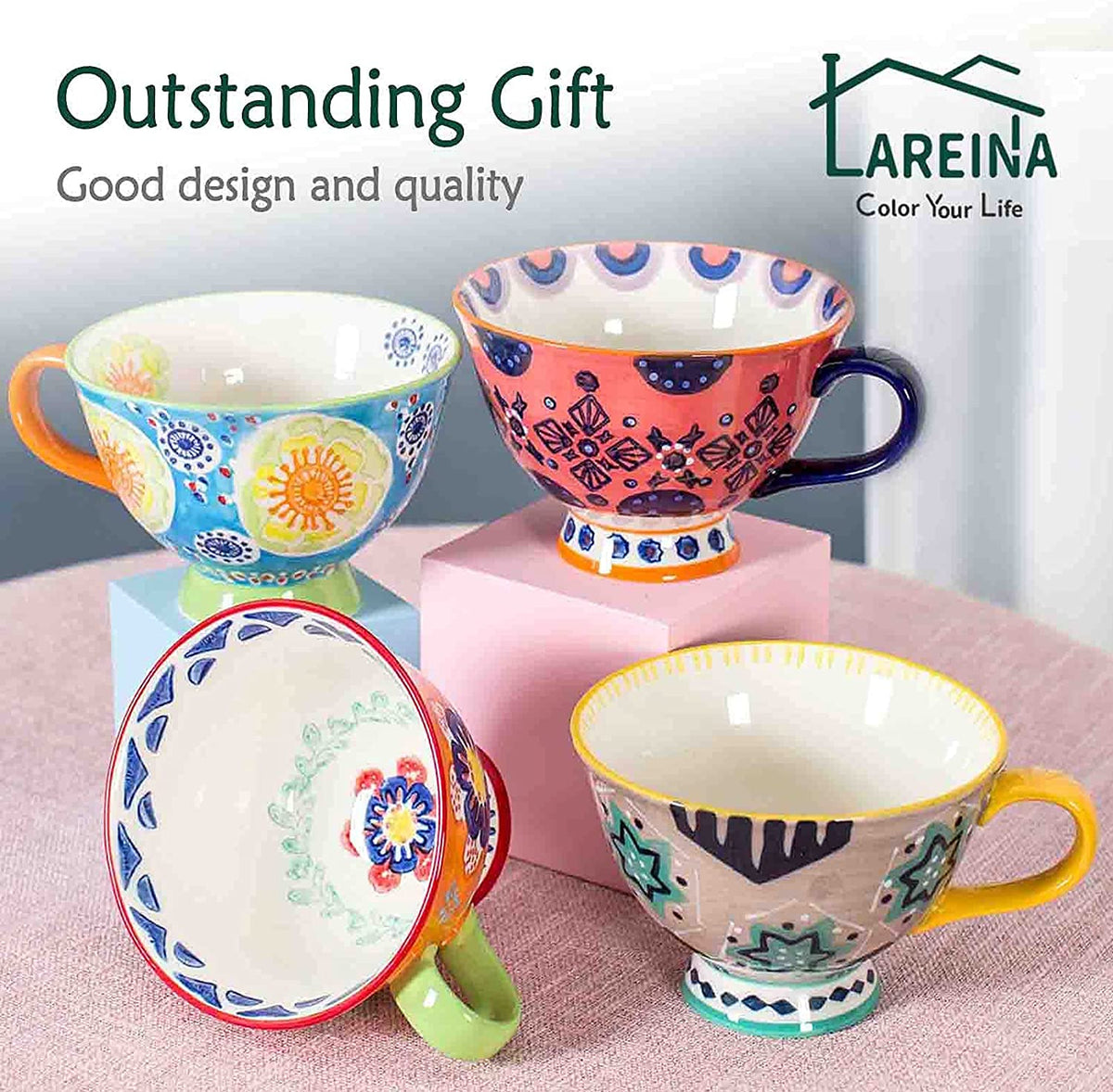 Lareina Porcelain Stackable Espresso Cups with Saucers, Spoons and Black