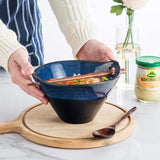 Japanese Ramen Bowls with Chopsticks and Spoons Set of 2 - Lareina Porcelain Noodle Bowl, 30 Ounce Deep Soup Bowl, Dishwasher & Microwave Safe, Blue