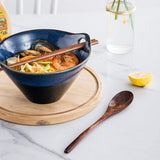 Japanese Ramen Bowls with Chopsticks and Spoons Set of 2 - Lareina Porcelain Noodle Bowl, 30 Ounce Deep Soup Bowl, Dishwasher & Microwave Safe, Blue