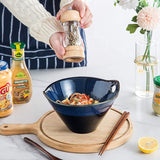 Japanese Ramen Bowls with Chopsticks and Spoons Set of 2 - Lareina Porcelain Noodle Bowl, 30 Ounce Deep Soup Bowl, Dishwasher & Microwave Safe, Blue
