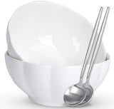 (2 Bowls + 2 Spoons) Large Soup Bowls for Kitchen, pumpkin shape, 8" 60 oz, big serving bowl for Ramen, Salad, Noodle, cereal and Pho, microwave safe, white