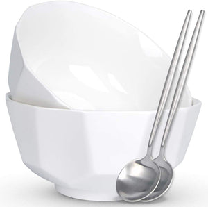 (2 Bowls + 2 Spoons) Large Soup Bowls for Kitchen, pumpkin shape, 8" 60 oz, big serving bowl for Ramen, Salad, Noodle, cereal and Pho, microwave safe, white