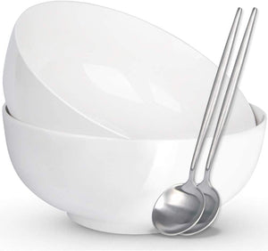 Lareina Large Soup Bowls for Kitchen, 8 Inch 60 oz Ceramic Bowls Set for Salad, Noodle, Pho,Salad,Cereal and Soup, Microwavable, White, 2 Bowls+2 Spoons