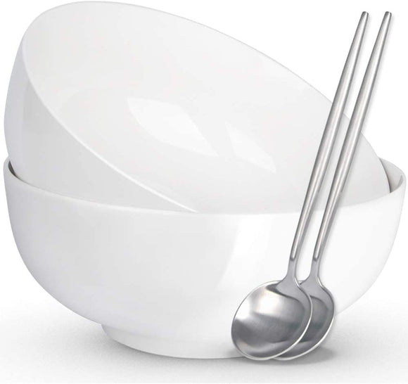 Lareina Large Soup Bowls for Kitchen, 8 Inch 60 oz Ceramic Bowls Set for Salad, Noodle, Pho,Salad,Cereal and Soup, Microwavable, White, 2 Bowls+2 Spoons