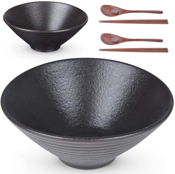 Large Ceramic Ramen Bowl (2 Sets 6 PCS) , 60 oz, for Soup, Noodle, Pho, Udon and Soba, with Matching Spoons, Chopsticks, matting black
