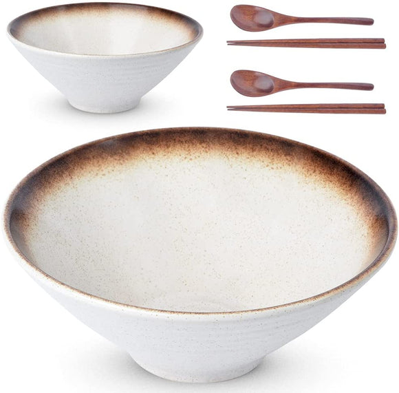Lareina Large Ceramic Ramen Bowls(2 Sets 6 PCS) , 60 oz, for Soup Noodle Pho Udon and Soba with Matching Spoons and Chopsticks, Mocha