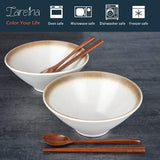 Lareina Large Ceramic Ramen Bowls(2 Sets 6 PCS) , 60 oz, for Soup Noodle Pho Udon and Soba with Matching Spoons and Chopsticks, Mocha