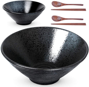 Lareina Large Ceramic Ramen Bowls(2 Sets 6 PCS), 60 oz, for Soup Noodle Pho Udon and Soba with Matching Spoons and Chopsticks, Black