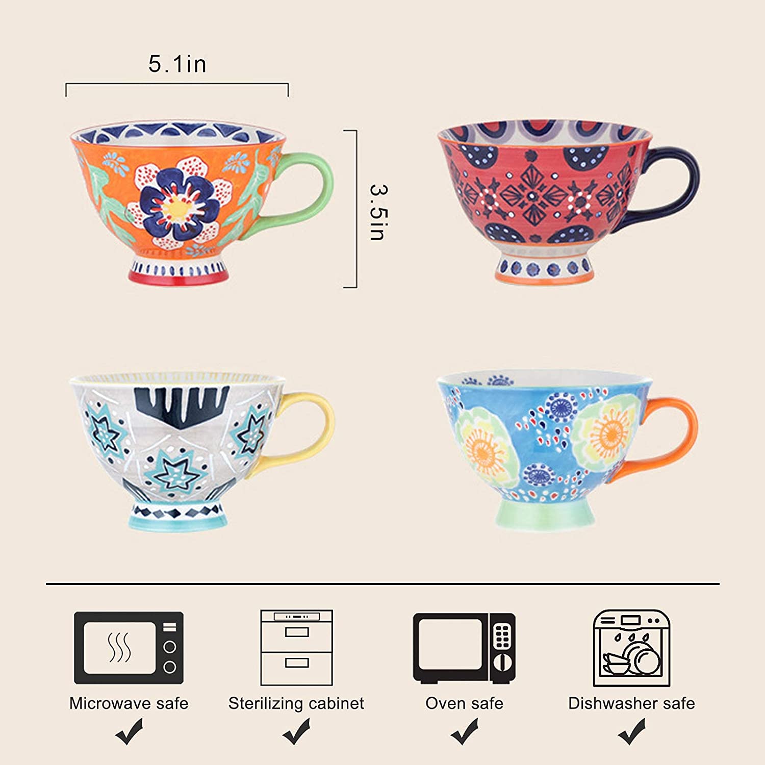 Ceramic Coffee Mugs set : 13 OZ Tea Mug set of 4 for Cocoa, Latte