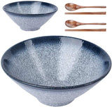 Lareina Large Ceramic Ramen Bowls (2 Sets 6 PCS) , 60 oz, for Soup Noodle Pho Udon and Soba with Matching Spoons and Chopsticks, Blue