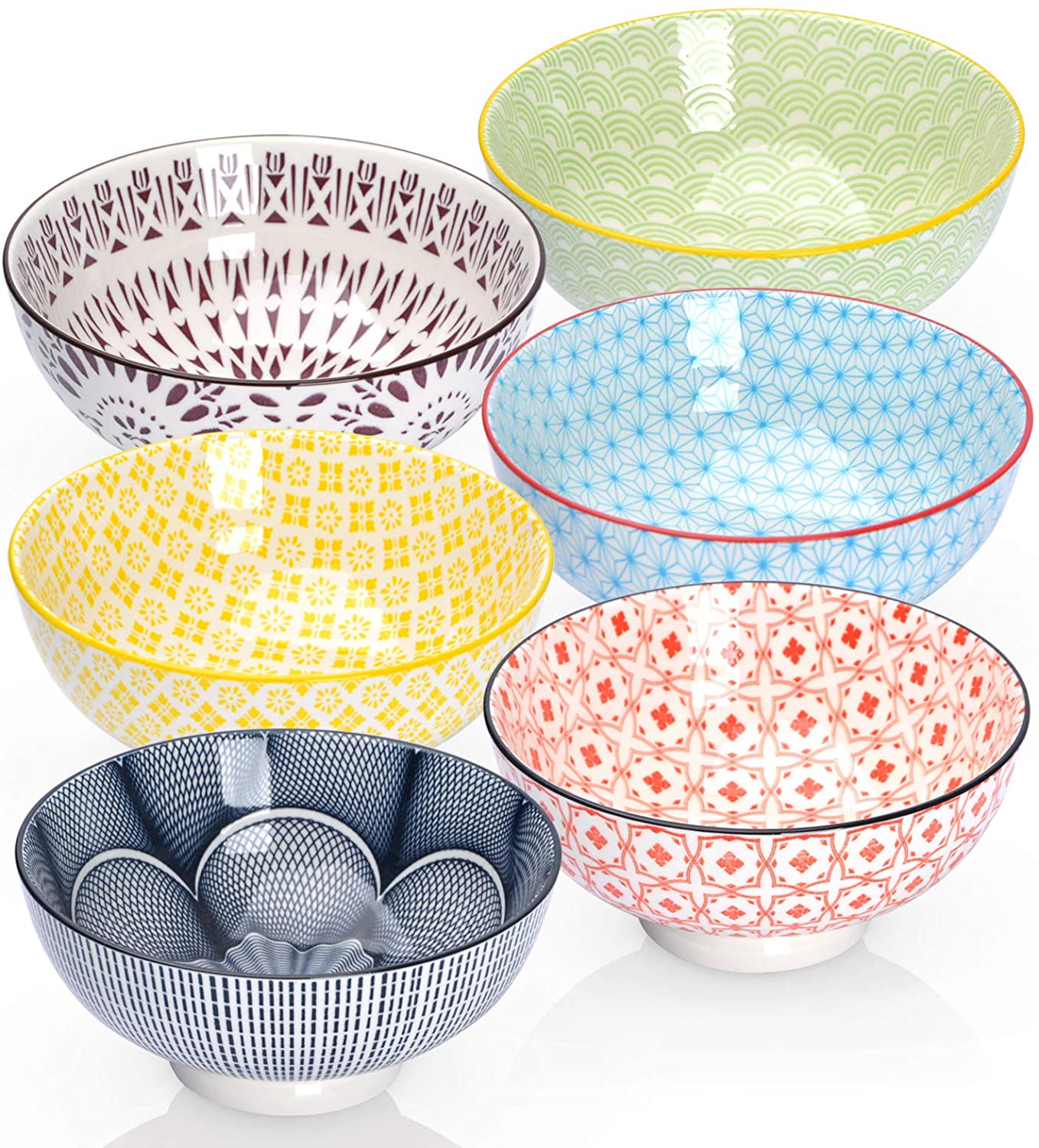 Porcelain Soup Cereal Bowls Set - Ceramic Bowls for Kitchen 23 oz - 6  Colorful Patterned Cute Bowl Sets - 6 Inch Deep Bowls for Oatmeal | Oat |  Noodle
